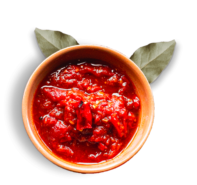 plat cuisiné à la tomate et poivrons dans bol en terre avec feuilles de laurier